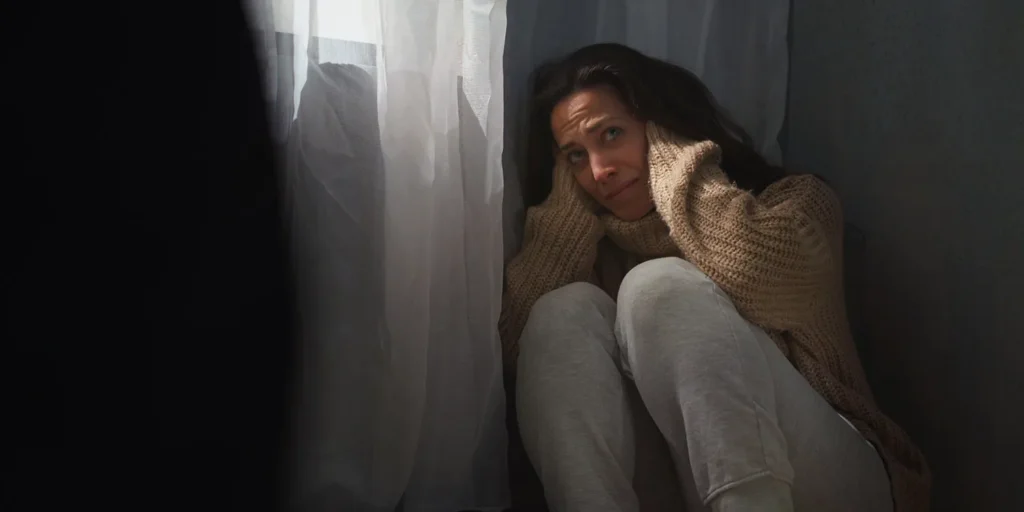 Distressed woman sitting on floor by window, illustrating the impact of domestic abuse under the Domestic Abuse Act 2021