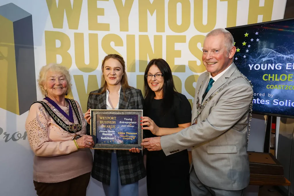 Pictured (left to right): Cllr Ann Weaving (Mayor of Weymouth), Chloe Thomson (Coast2Country Cleaning), Cherise Luke-Bennett (Nantes) and Cllr Pete Roper (Mayor of Portland) at the WeyPort Business Awards.