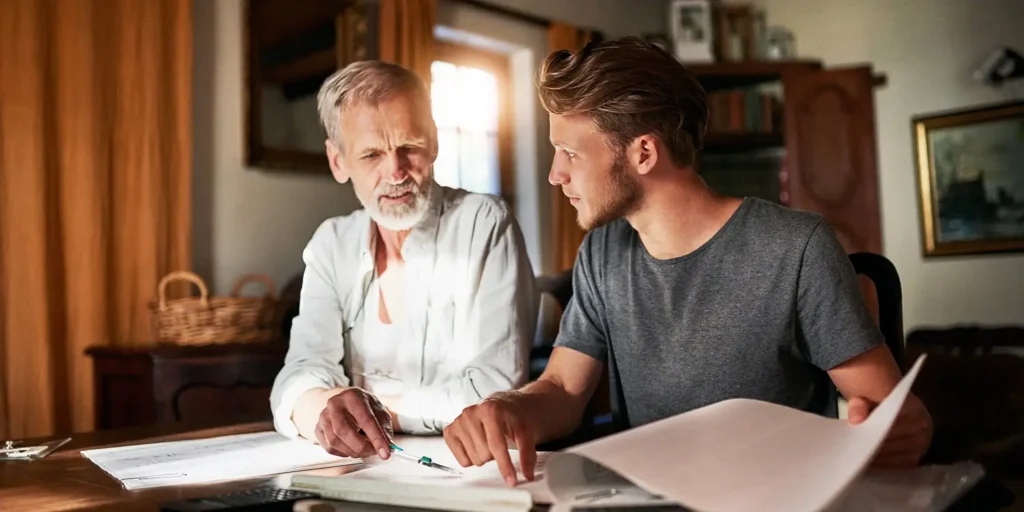 Father and son discussing estate planning to reduce Inheritance Tax liabilities.