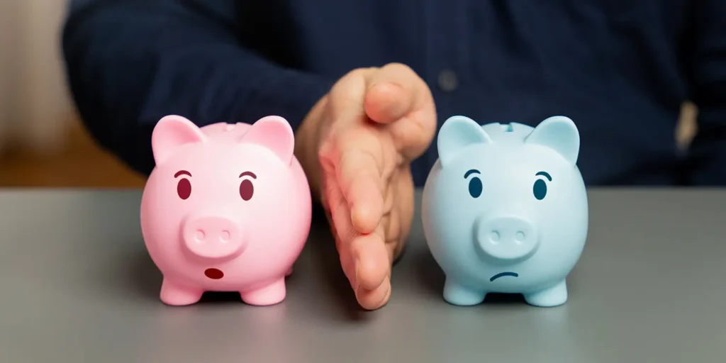 Pink and blue piggy banks being separated, symbolising financial division in divorce. Linked to DDR v BDR 2024 case on property and bankruptcy.