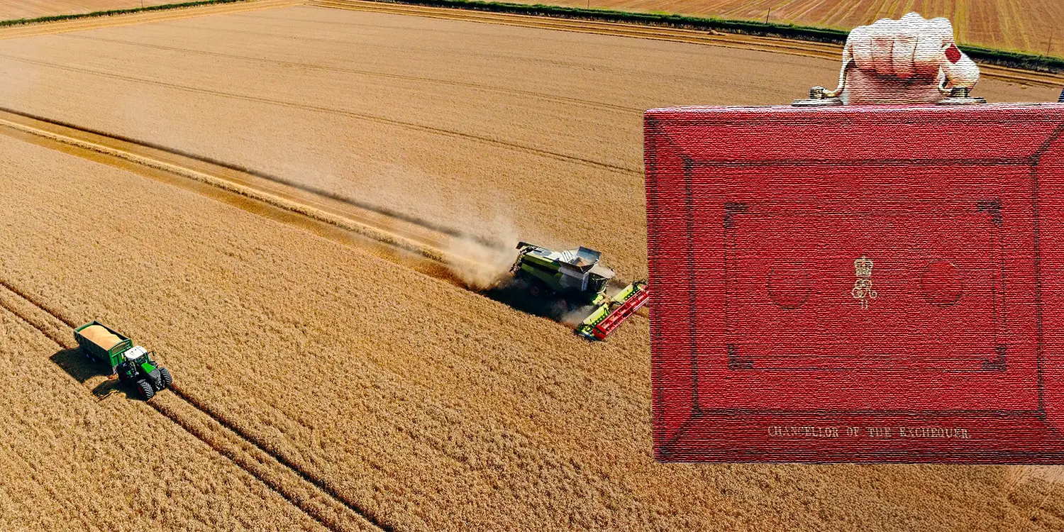 Combine harvester in a field at harvest with Rachel Reeves' red budget box overlay, representing APR & BPR inheritance tax changes for farmers and business owners.