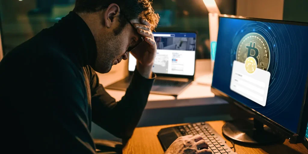 Frustrated man struggling to access digital assets on computer, illustrating challenges of digital inheritance and password access after death.