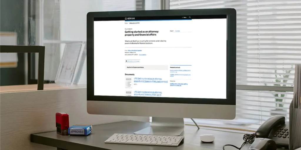 Screenshot of the GOV.UK webpage titled "Getting started as an attorney: property and financial affairs," providing official guidance for attorneys acting under a Lasting Power of Attorney.