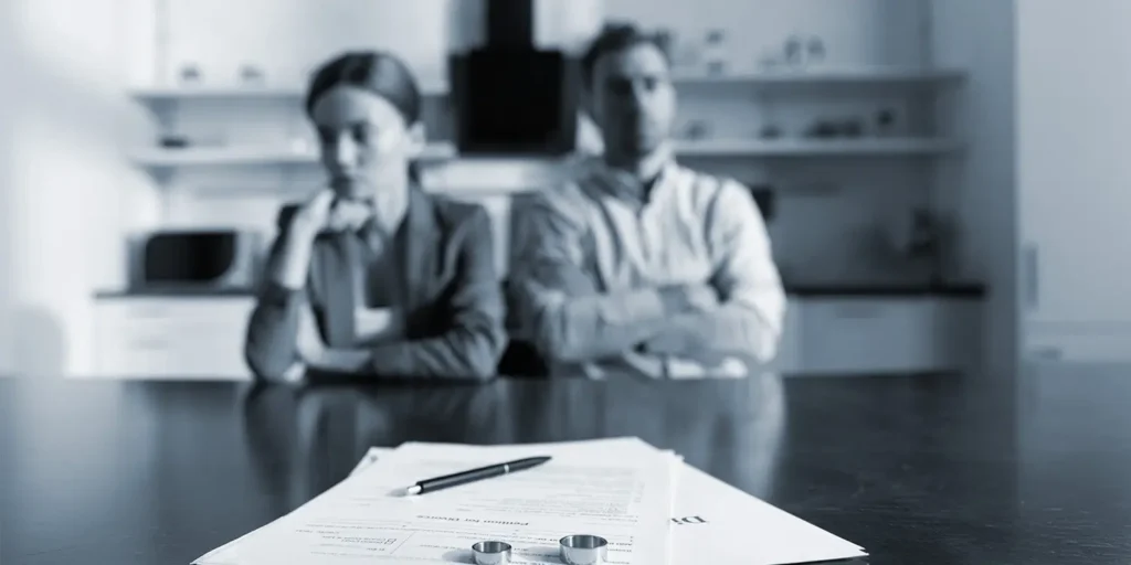 Unhappy couple signing divorce papers, representing the history of divorce law and the introduction of no fault divorce in Cherise’s 25th anniversary reflections at Nantes