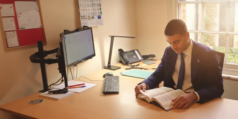 Gus Johnson trainee solicitor at Nantes Solicitors in Dorset reading a law book at his desk